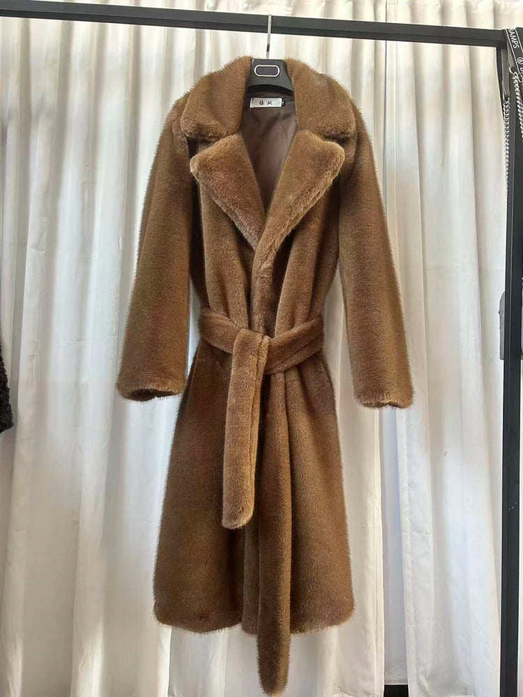 ZADORIN 110cm Long Lapel Belted Brown Faux Fur Coat Woman Elegant Mink Fur Faux Coat Fluffy Fur Jackets for Woman Winter Clothes