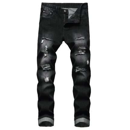 Casual Men's Light Blue Denim Jeans Ripped Straight Leg Slim Fit Non-Elastic Torn Casual Style Chinese Production PlatiNum