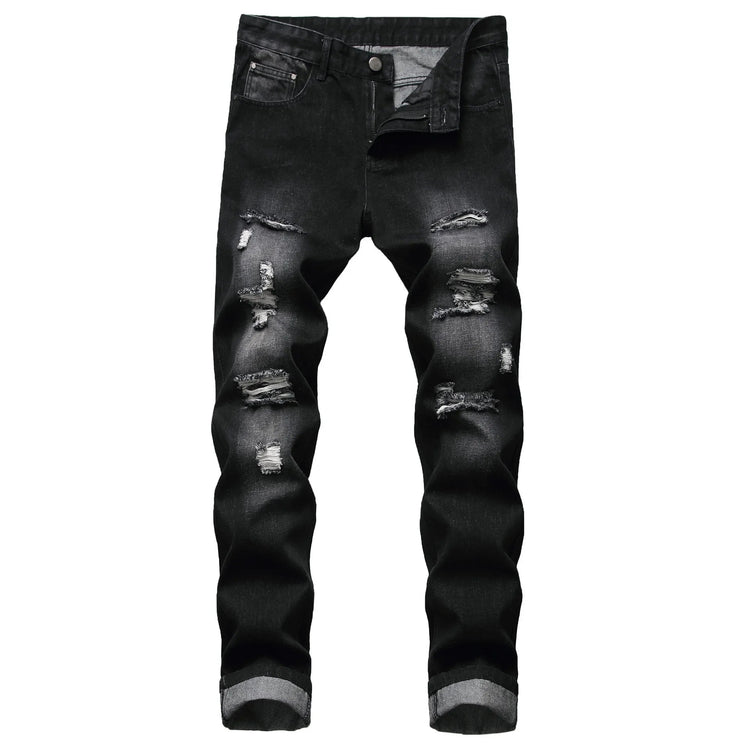 Casual Men's Light Blue Denim Jeans Ripped Straight Leg Slim Fit Non-Elastic Torn Casual Style Chinese Production PlatiNum