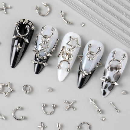 12 Grids Goth Punk Nail Charms Studs Y2K Piercing Designs Metallic Silvery Nails Art Rivets 3D Stars Alloy Nail Art Decorations