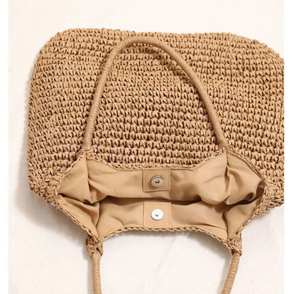 Fashionable Straw Tote Bag Large Capacity Woven Beach Bag Solid Color Casual Square Beach Bag