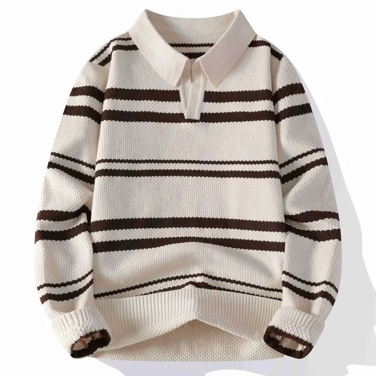 Autumn Winter Men's Striped Polo Collar Knitted Sweater Youthful Vitality Long Sleeve Turn Down Collar Casual Knit Pullovers Men