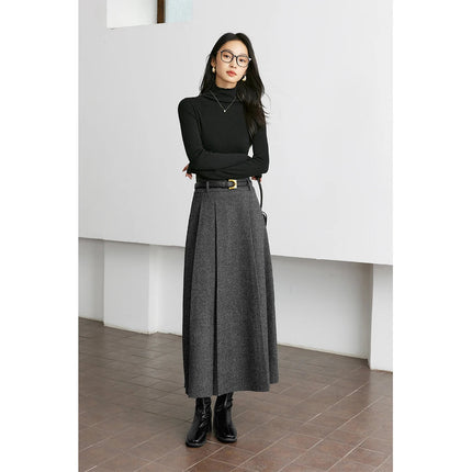 VIMLY Elegant Wool Blend Pleated Maxi Skirt for Women 2025 Winter High Waist Stereo Heavy Duty Skirt Office Lady Clothes M9173 PlatiNum