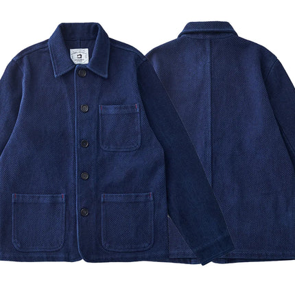 Vintage French Indigo Cargo Jacket Men Autumn Winter New Lapel Multi-pocket Blue Dyed Tooling Jacket Retro Casual Cardigan Coat