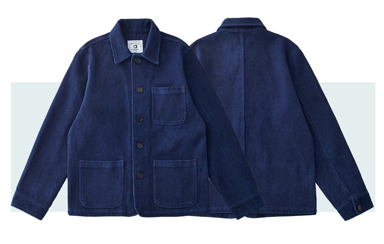 Vintage French Indigo Cargo Jacket Men Autumn Winter New Lapel Multi-pocket Blue Dyed Tooling Jacket Retro Casual Cardigan Coat