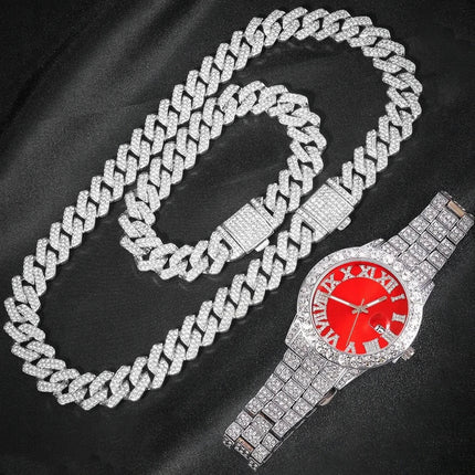 3 pezzi orologio a catena cubana per uomo Hip Hop Miami Curb ghiacciato pavimentato strass rapper collana cubana orologio + braccialetto gioielli platinumshop