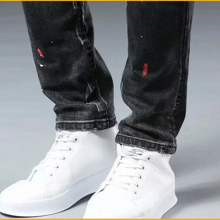 High Street  2022 Fashion Casual Ripped Jeans Men's Patch Teenagers Cowboy Paint Splash Ink Black Pencil Pants Skinny Jeans Men PlatiNum