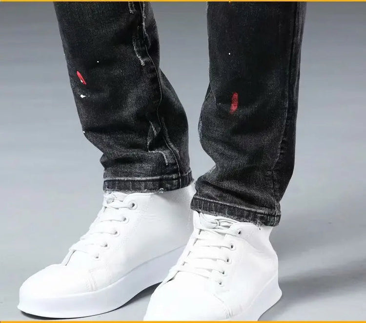 High Street  2022 Fashion Casual Ripped Jeans Men's Patch Teenagers Cowboy Paint Splash Ink Black Pencil Pants Skinny Jeans Men PlatiNum