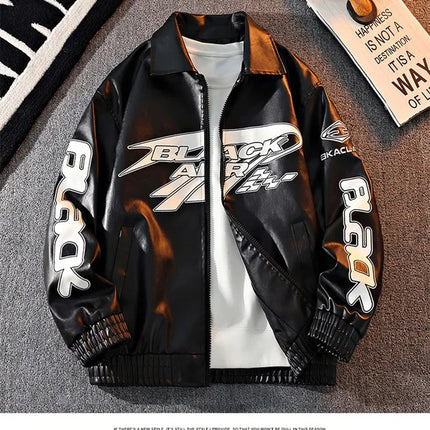 2026 New Men's American Racing Style Printed Leather Jacket Fashion Stand Collar Motorcycle Biker Coat Casual Outerwear PU