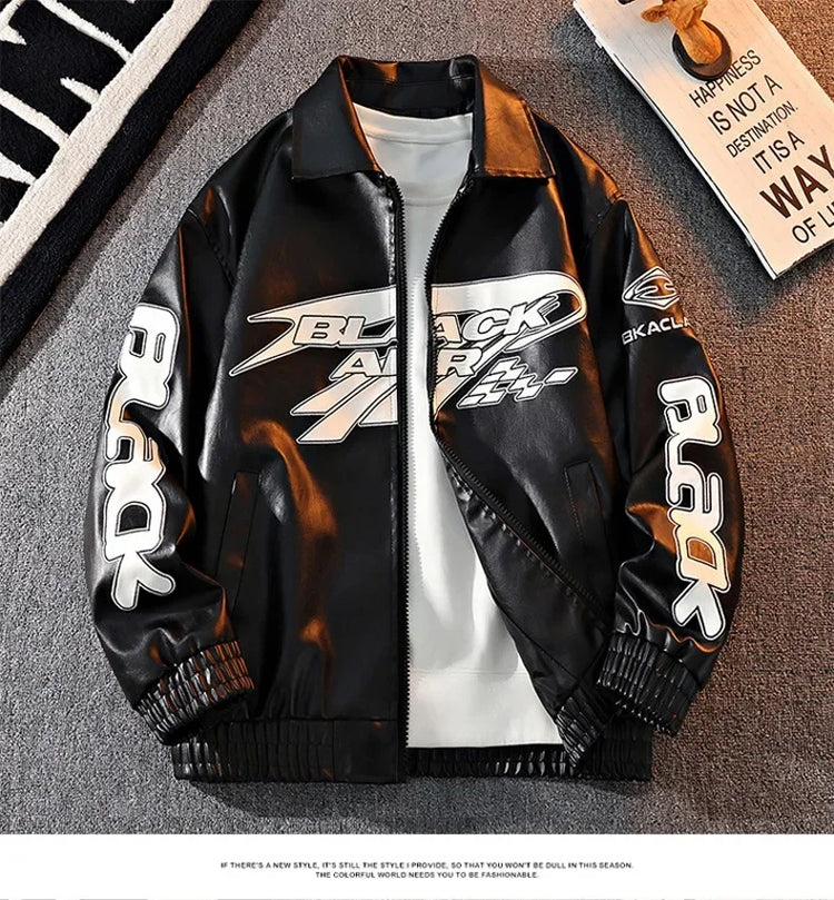 2026 New Men's American Racing Style Printed Leather Jacket Fashion Stand Collar Motorcycle Biker Coat Casual Outerwear PU