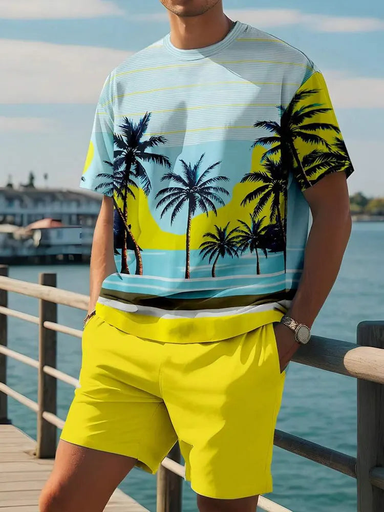 Pantaloncini a maniche corte da uomo con stampa sfumata Set Set di moda da uomo hawaiano T-shirt casual da uomo estiva Pantaloncini da uomo da spiaggia all'aperto