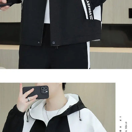 Spring Autumn Men's Hooded Jacket Loose Versatile Trendy Color Block Fashion Outerwear Windproof Thickened Long Sleeve Zipper