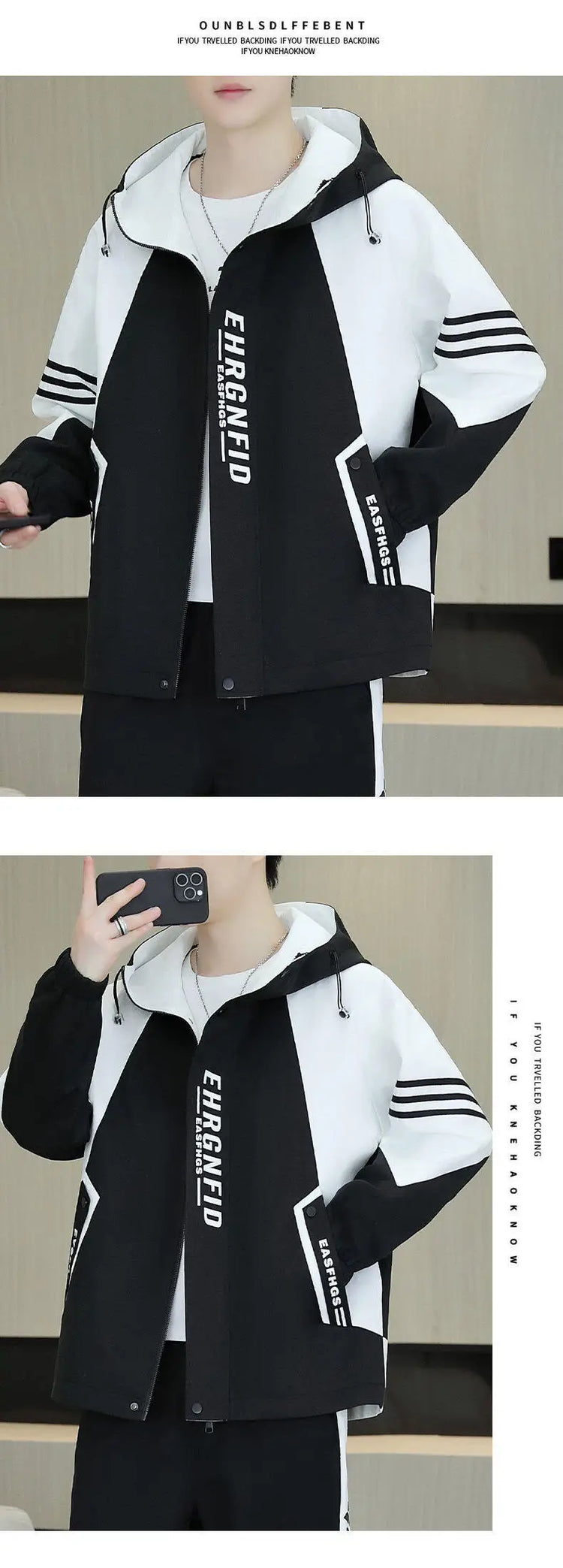 Spring Autumn Men's Hooded Jacket Loose Versatile Trendy Color Block Fashion Outerwear Windproof Thickened Long Sleeve Zipper