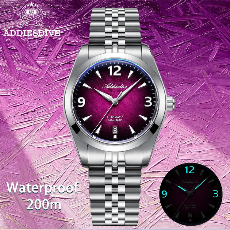 ADDIESDIVE Watch Sapphire New AD2560 Men Automatic Watches 8215 Mechanical Purple Dial Luminous Waterproof 200m Dive Wristwatch