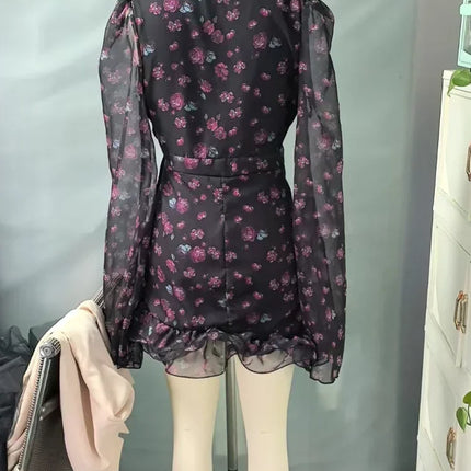 Elegant Mini Dress with Ruffles and Floral Patterns, Chic with Long Sleeves, Deep V-Neck, Slim Fit, A-Line, Short, 2026 Collection, Holiday and Street Dress for Women