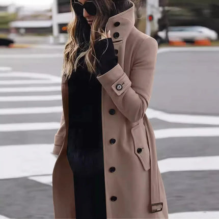 New Solid Color Button Long Wool Coat Autumn Warm Stand Collar Women Coat Fashion Ladies High Neck Pocket Belt Trench Coat