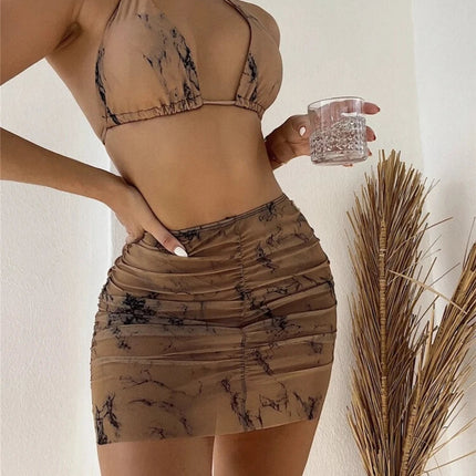 3 pezzi perizoma Bikini con gonna marmo texture costume da bagno donna costume da bagno Set costumi da bagno femminili abbigliamento da spiaggia nuoto estate platinumshop