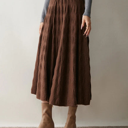 Women Cashmere Skirt A-Line Jacquard Elastic Waist Flared Skirt Autumn Winter 100% Cashmere Knitted Office Lady Curled Hem Dress PlatiNum