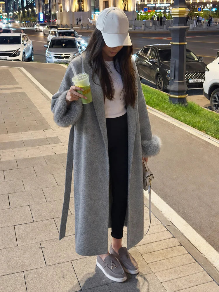 Tossy Fox Fur Wool Overcoat Women's Short Coat Office Lady Elegant Double-sided Woolen Coat 2025 New Cardigan Jackets Loose Wool