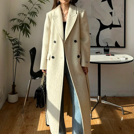High-end White Thick Double-sided Wool Cashmere Coat Long Women Fashion Casual Loose Lapel Lace-up Woolen Jacket Autumn Winter