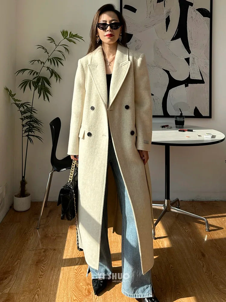 High-end White Thick Double-sided Wool Cashmere Coat Long Women Fashion Casual Loose Lapel Lace-up Woolen Jacket Autumn Winter