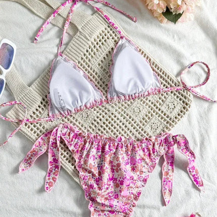 Nuovo Set Bikini Donna Estivo con Stampa Floreale Arancione, Halter con Volant, Push-Up e Perizoma con Laccetti Laterali PlatiNum