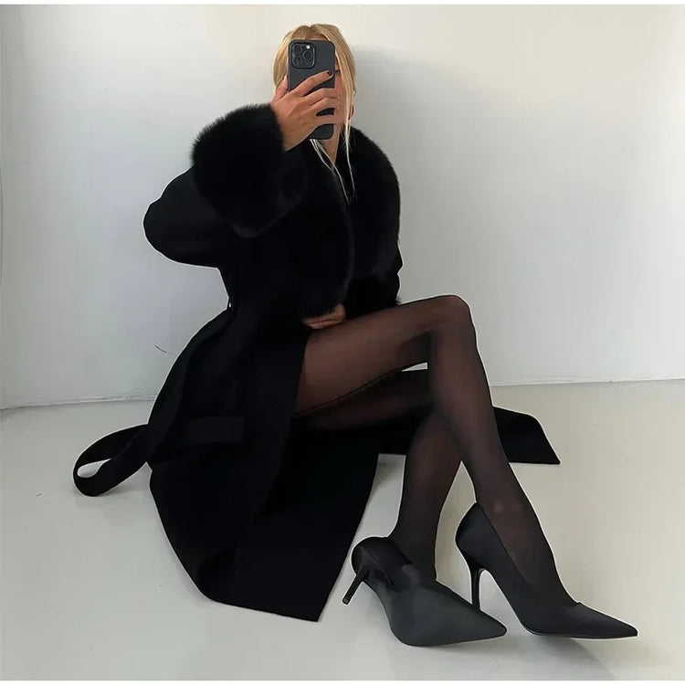 Retro Black Fur Patchwork Woolen Coat Women Chic Full Sleeve V-neck Lace Up Loose Long Overcoat 2025 Lady Winter Commute Outwear