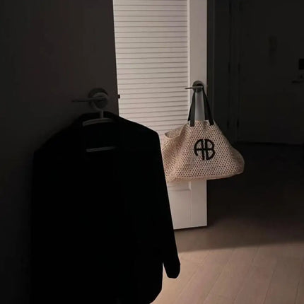 Large Capacity AB Letter Woven Straw Tote Bag, Beach Vacation Women's Striped RIO City Simple Style Casual Travel Bag