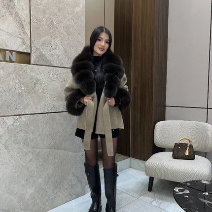 Women Wool Blend Coat Big Faux Fur Collar And Cuffs Belted Waist Wrap Loose Winter Jacket Thick Warm Elegant Lady Outerwears