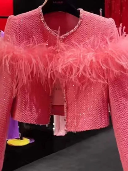 2024 Autumn Winter New Jackets Feminine Small Fragrant Short Coats Women's Feather Splicing Long Sleeve Solid Color Short Tops