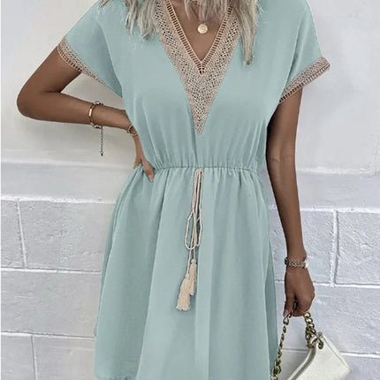Abito corto longuette da spiaggia femminile con scollo a V in pizzo a maniche corte tinta unita estivo Abiti eleganti da donna in tinta unita bianco dolce platinumshop
