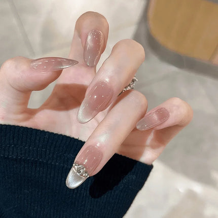 10Pcs Handmade Press on Nails Full Cover Rhinestone Design French Almond False Nails Artificial Wearable Manicure Nail Tips Art