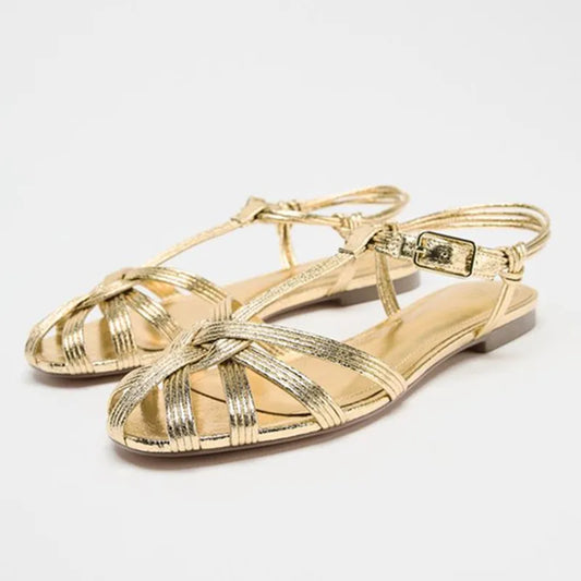 Luxury Gold Flat Sandals Women Summer Hollow Design Gladiator Sandals Comfortable Ankle Strap Casual Beach Shoes Mules Sandalias