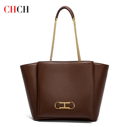 CHCH Women's Tote Bag 2026 Spring New Brown Magnetic Buckle Storage Bag Large Capacity Commuter Chain Bag PlatiNum