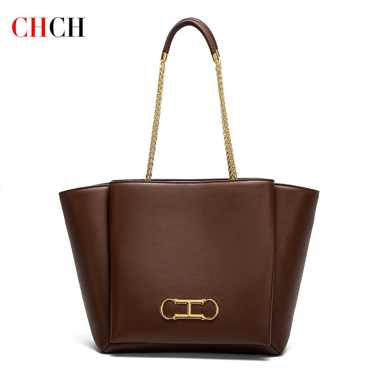 CHCH Women's Tote Bag 2026 Spring New Brown Magnetic Buckle Storage Bag Large Capacity Commuter Chain Bag PlatiNum