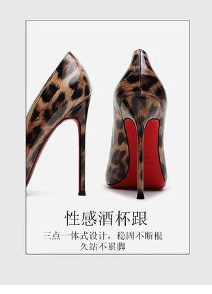 2025 New High Heels Women's Thin Heel French Sexy Leopard Pattern Internet Red Single Shoe 12CM Large Widening Thin Heel PlatiNum