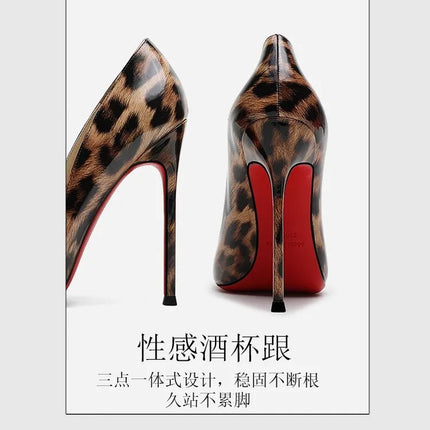 2025 New High Heels Women's Thin Heel French Sexy Leopard Pattern Internet Red Single Shoe 12CM Large Widening Thin Heel PlatiNum