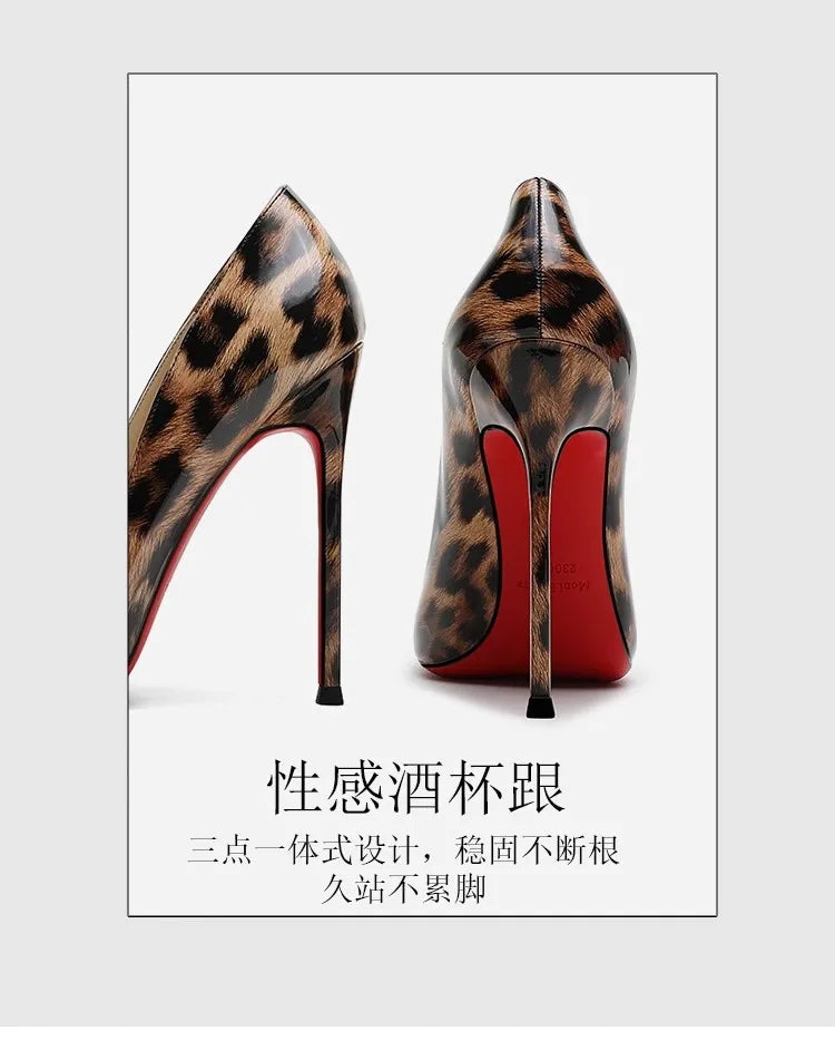 2025 New High Heels Women's Thin Heel French Sexy Leopard Pattern Internet Red Single Shoe 12CM Large Widening Thin Heel PlatiNum