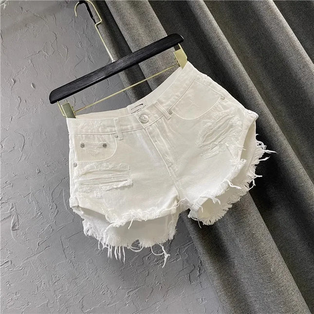 New 2026 Women's White Denim Summer Shorts, A-Line Ripped Wide Leg Style, Fashionable Streetwear Casual Hot Pants for Girls