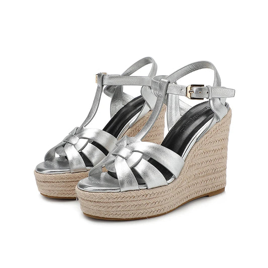 Women's Wedge-Shaped High Heels, Genuine Leather Sandals,Roman Fashion Open-Toe Evening Dress Shoes, Ball Summer Women's Sandals