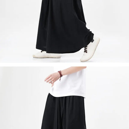 Pantaloni retrò in cotone e lino stile cinese Uomo Kimono estivo Pantaloni tradizionali in tinta unita Pantaloni casual a gamba larga streetwear maschile