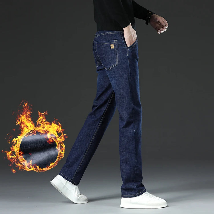 2026 New Jeans Brand Autumn Winter Jeans Warm Flocking Warm Soft Men Activities Warm Fleece Pants Men Jeans Black Blue Colors