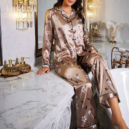 Pigiama da donna con stampa floreale color block, maniche lunghe e pantaloni in raso per un sonno confortevole, morbido pigiama e pigiama da notte