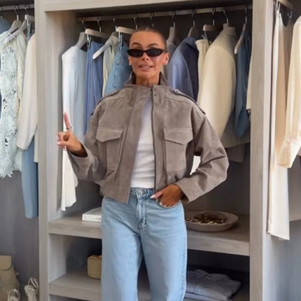 Brown Suede Leather Short Coats Women Solid Stand Collar Zipper Waist Belted Cropped Jackets 2026 Lady Autumn Y2k Casual Outwear