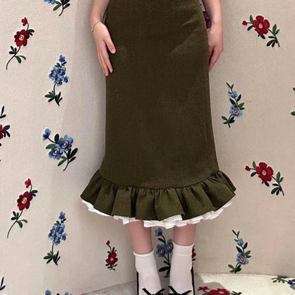 A new autumn/winter 2025 elegant and stylish body-hugging skirt with multi-layered ruffled edges and flower buds for women PlatiNum