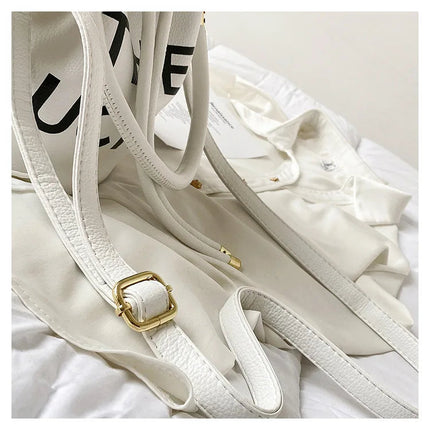 Spring New Fashion Letter PU Leather Bucket Bag Women Simple City Style Shoulder Handbag Trendy Crossbody Satchel Handbag PlatiNum