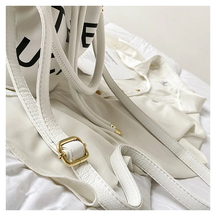 Spring New Fashion Letter PU Leather Bucket Bag Women Simple City Style Shoulder Handbag Trendy Crossbody Satchel Handbag PlatiNum