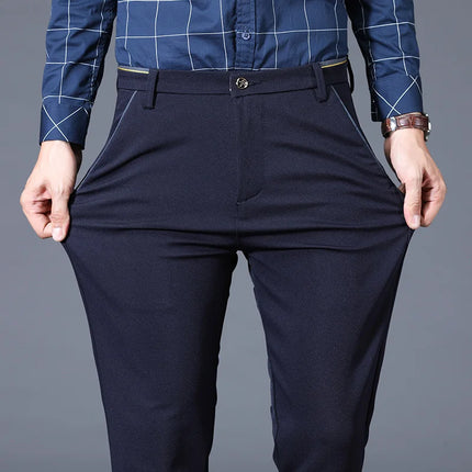 New Winter New Flannel Thick Men's Business Casual Pants Fleece Straight Slim Stretch Warm Plush Trousers Male Black Dark Blue