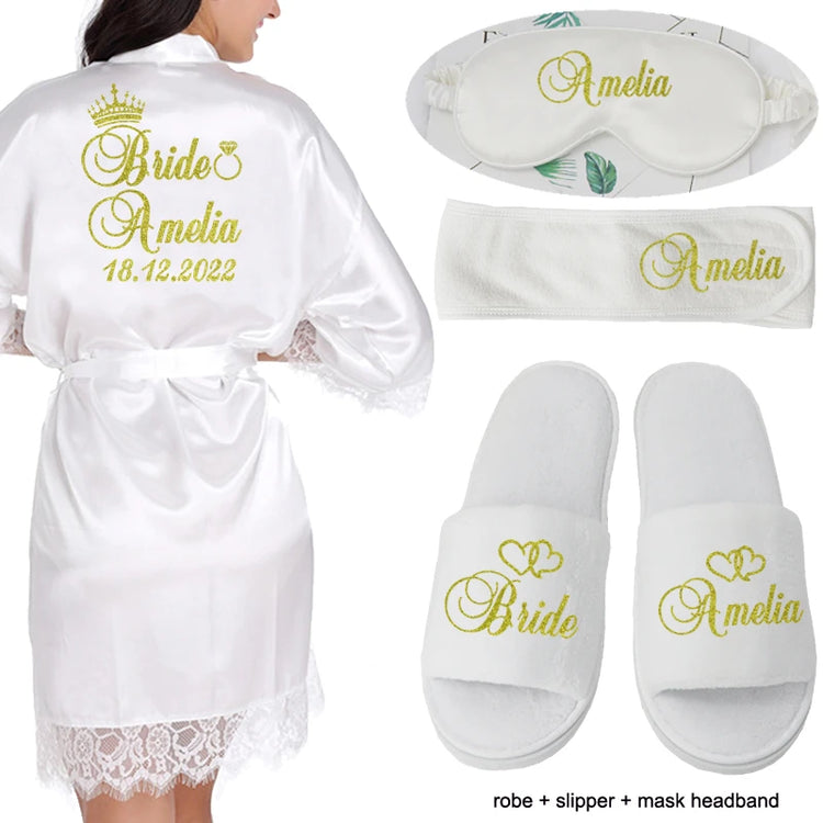 Data personalizzata Nome Kimono in pizzo Abito da donna Matrimonio Sposa Abiti da damigella d'onore Addio al nubilato Preparewear