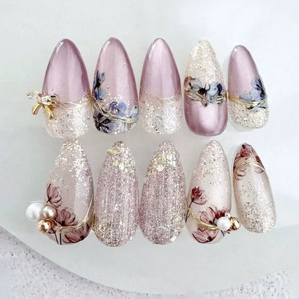 24Pcs Medium Almond Nude‑Pink 3D Textured Metallic Cat‑Eye French Sheer Press‑On False Nails For Nail Art Decor
